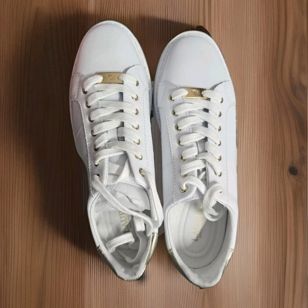 Polo Lauren‎ Ralph Lauren Women's Angeline White/Gold LOGO Sneakers 10B NIB RARE
